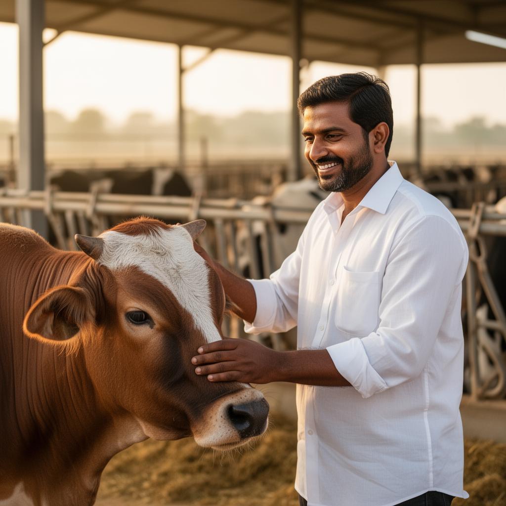 Aanirai dairy farmer caring for an indigenous A2 cow at Rajas Dairy Farm